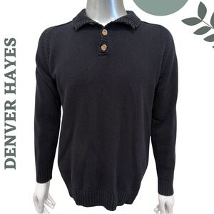 Denver Hayes Men’s Cotton Knit Henley Sweater Navy Blue Medium